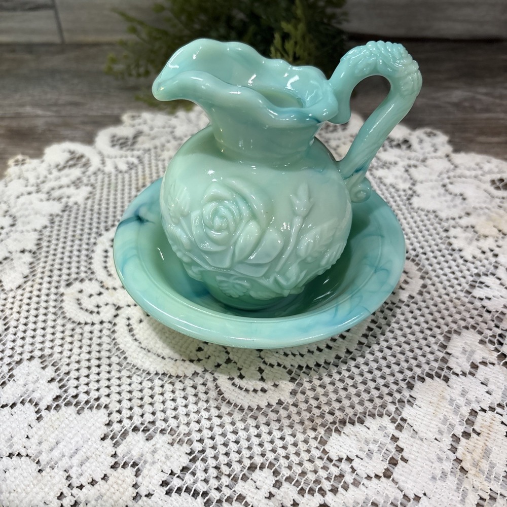 Vintage Avon Blue-Green Jadeite Swirl Pitcher Ana Bowl